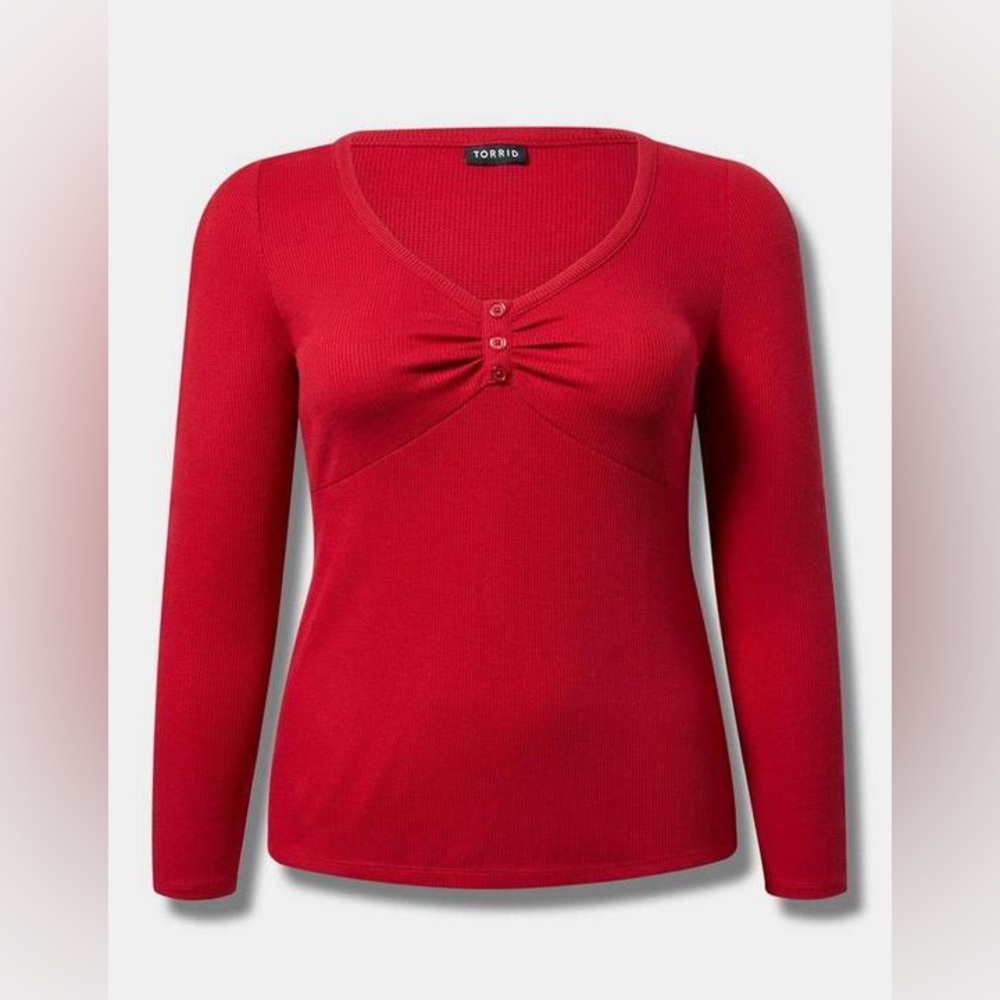 Torrid Women's Thermal V Neck Long Sleeve Cinched Henley in Red - Size 1X